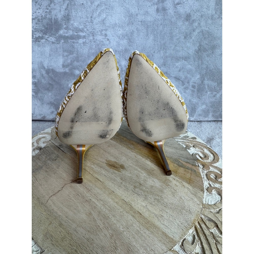 Sam Edelman Hazel Mustard Yellow White Floral Crochet Pointed Toe Pumps Heels - Picture 5 of 5